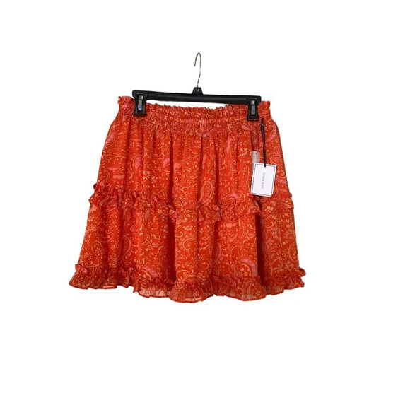 1.State Orange Paisley Print Tiered Mini Skirt with Ruffle Hem & Elastic S - Picture 2 of 8